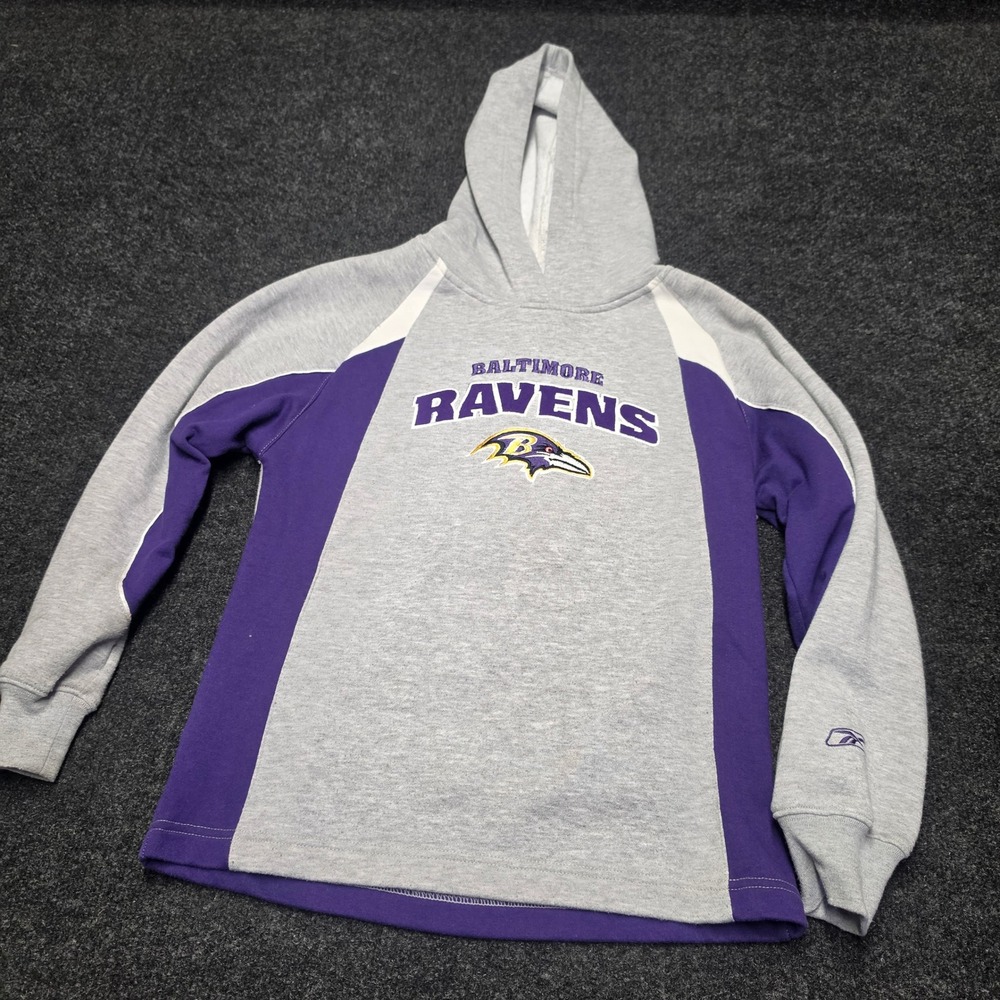 Reebok Baltimore Ravens NFL Youth Hoodie Grey Purple Size Medium 10-12 Pullover